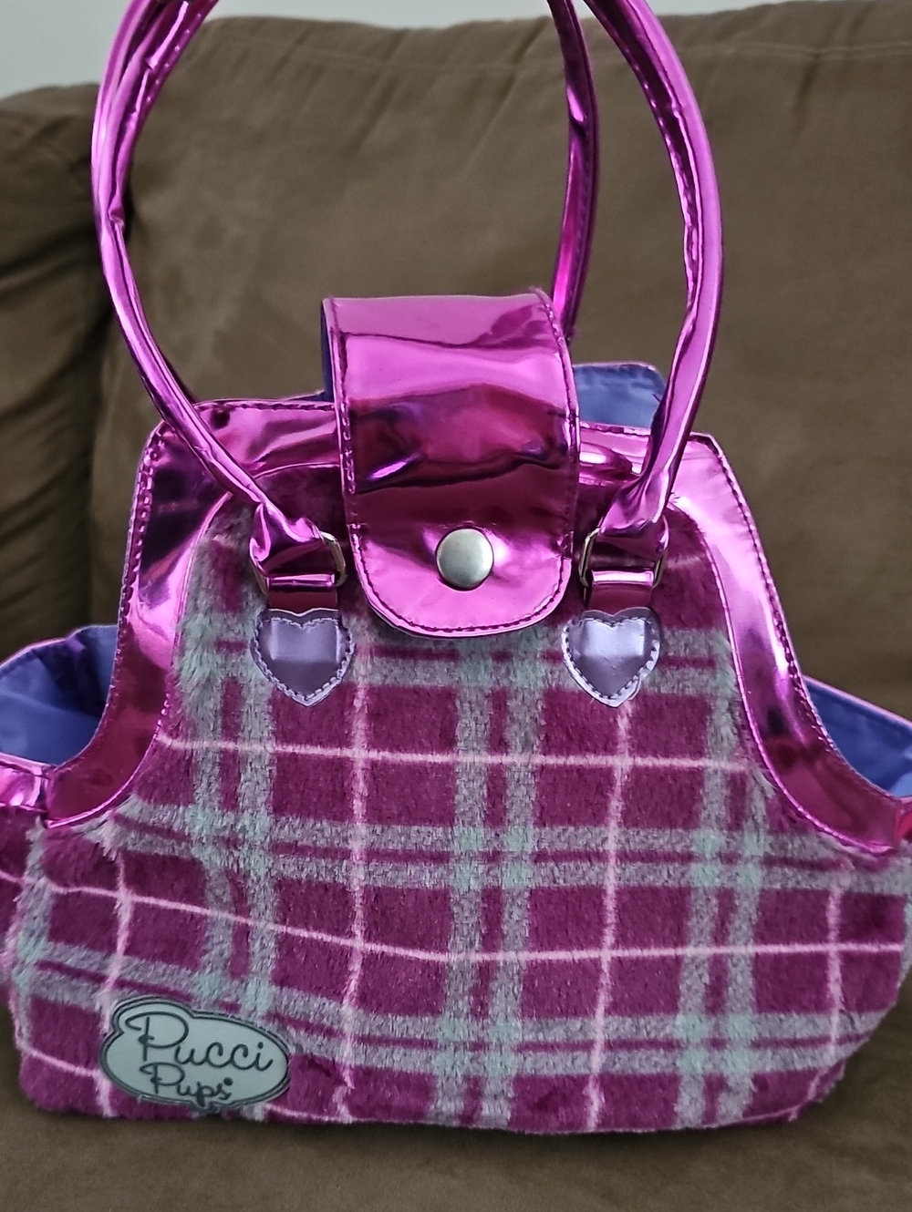 Pucci Pups Pink Plaid Plush Glam Bag with Metallic Trim